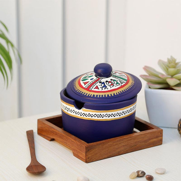 Terracotta Pickle Jar Set With Sheesham Tray And Spoon - Blue