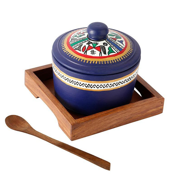 Terracotta Pickle Jar Set With Sheesham Tray And Spoon - Blue