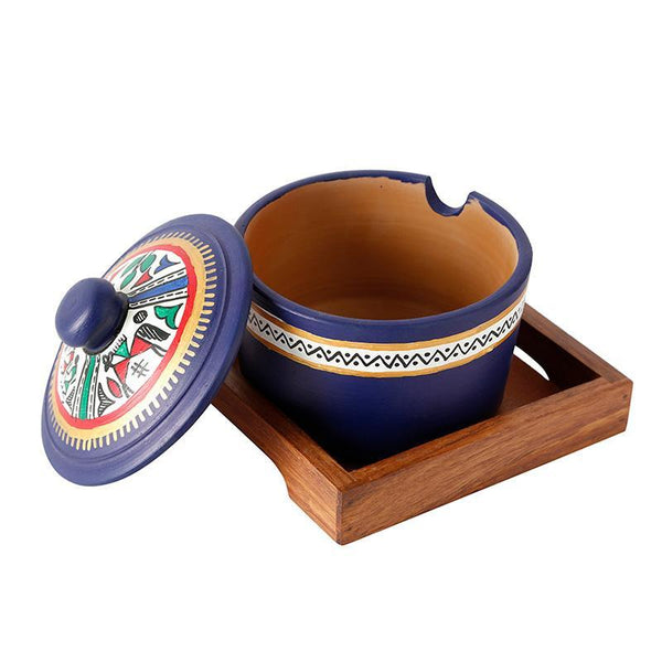 Terracotta Pickle Jar Set With Sheesham Tray And Spoon - Blue