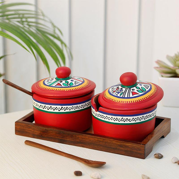 Terracotta Pickle Jar Set with Sheesham Tray and Spoons (Red) created by Traditional Artisans