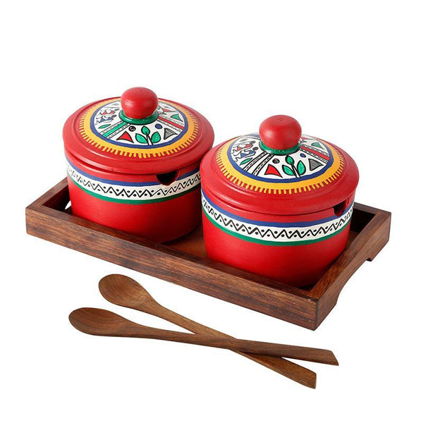 Terracotta Pickle Jar Set with Sheesham Tray and Spoons (Red) created by Traditional Artisans