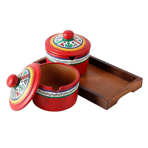 Terracotta Pickle Jar Set with Sheesham Tray and Spoons (Red) created by Traditional Artisans
