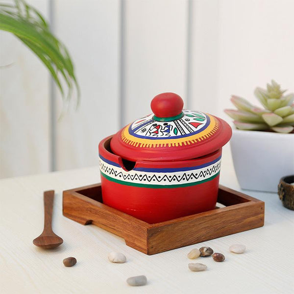 Terracotta Red Pickle Jar Set With Sheesham Tray And Spoon Handcrafted by Traditional Artisans