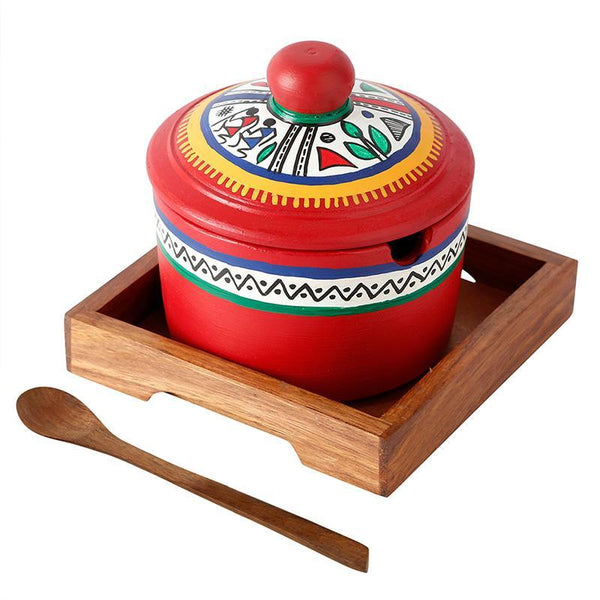 Terracotta Red Pickle Jar Set With Sheesham Tray And Spoon Handcrafted by Traditional Artisans