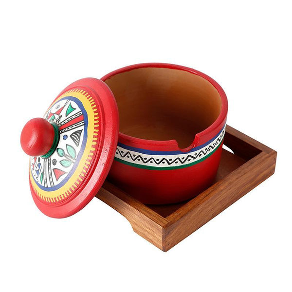 Terracotta Red Pickle Jar Set With Sheesham Tray And Spoon Handcrafted by Traditional Artisans