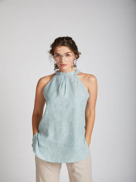 Women's Natural Hemp Halter Top - Teal Stripes