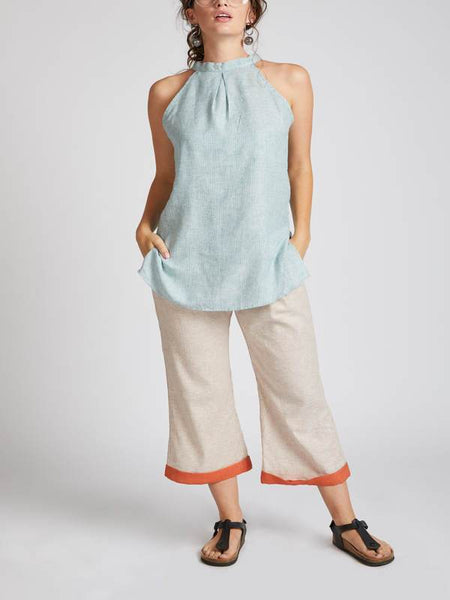 Women's Natural Hemp Halter Top - Teal Stripes