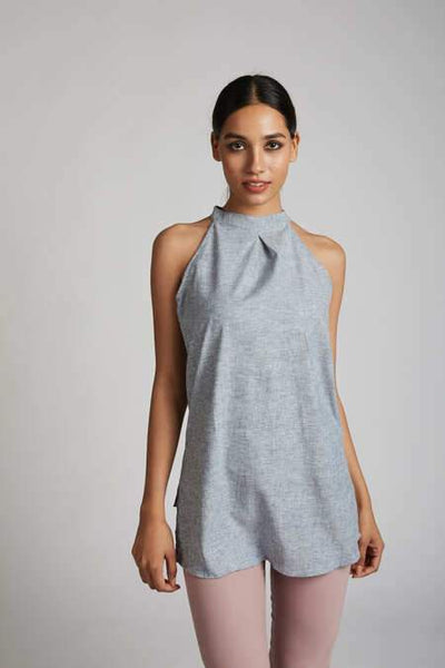 Women's Natural Hemp Halter Top - Blue Melange