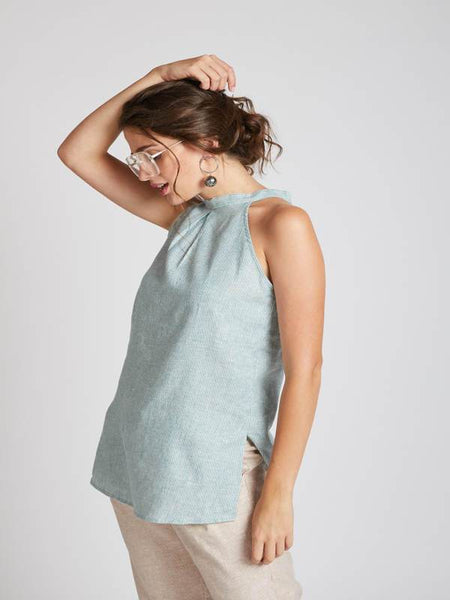 Women's Natural Hemp Halter Top - Teal Stripes