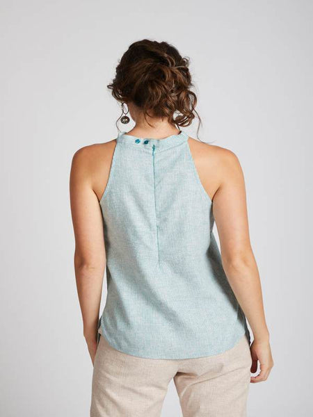 Women's Natural Hemp Halter Top - Teal Stripes