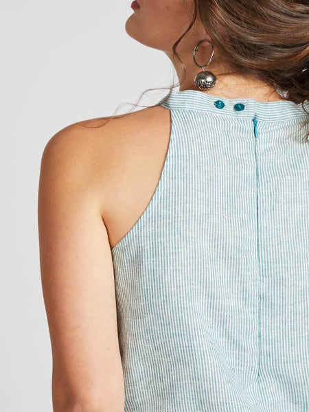 Women's Natural Hemp Halter Top - Teal Stripes