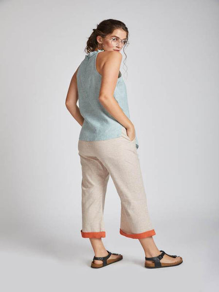 Women's Natural Hemp Halter Top - Teal Stripes