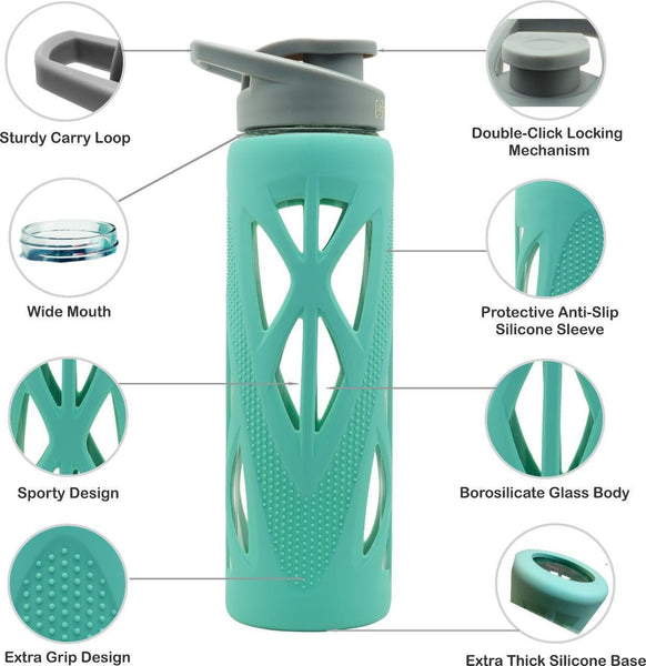 Borosilicate Glass Water Bottle (750 ml) with Protective Silicone Sleeve & Leak-Proof Flip Cap
