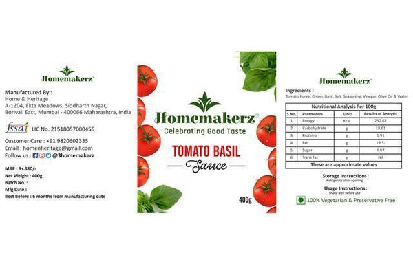 Natural, Preservative-Free Tomato Basil Sauce, 400g