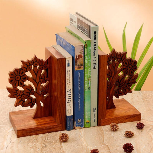 Tree Of Life Engraved Bookends in Sheesham Wood Created by Traditional Artisans - Set of 2