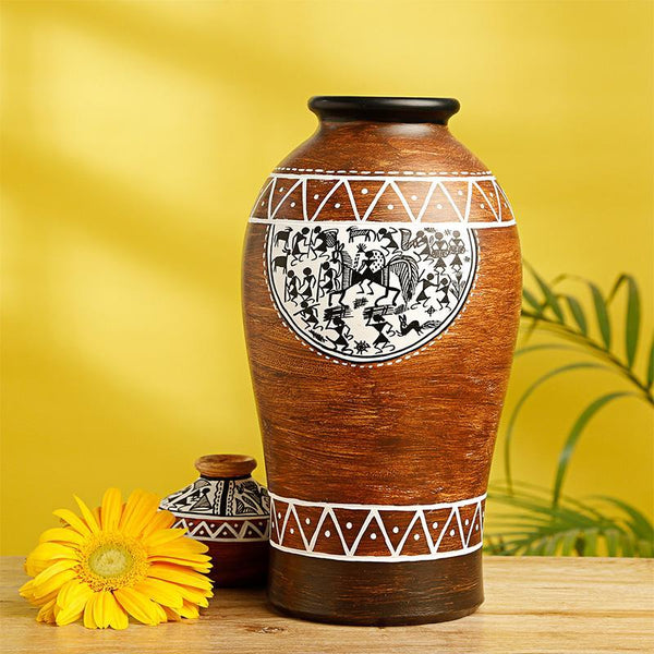 Tribal Melodies Warli Terracotta Round Vase Crafted by Traditional Artisans