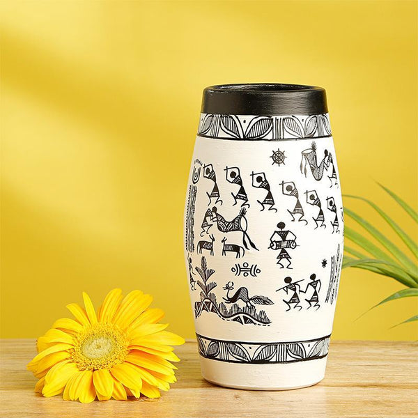 Tribal Serenity Dholak-Shaped Terracotta Vase With Warli Hand-Painting Created by Traditional Artisans