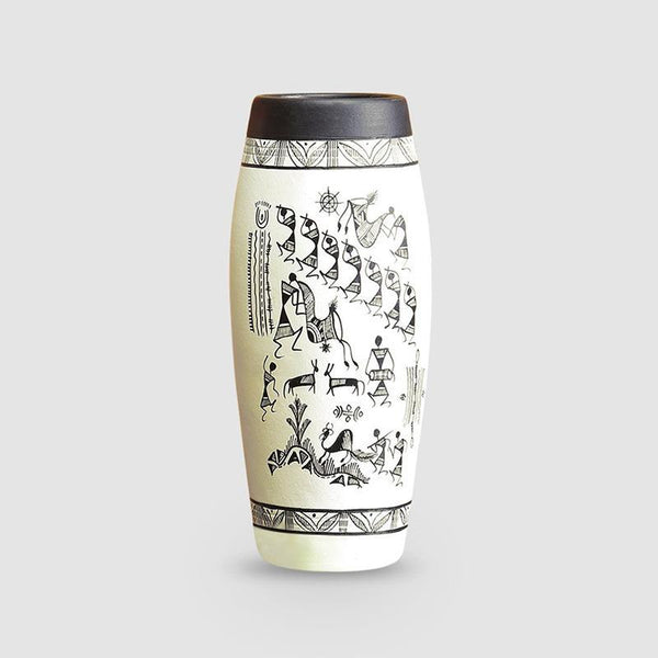 Tribal Serenity Dholak-Shaped Terracotta Vase With Warli Hand-Painting Created by Traditional Artisans