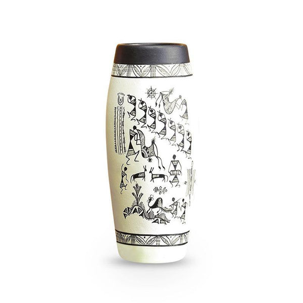 Tribal Serenity Dholak-Shaped Terracotta Vase With Warli Hand-Painting Created by Traditional Artisans