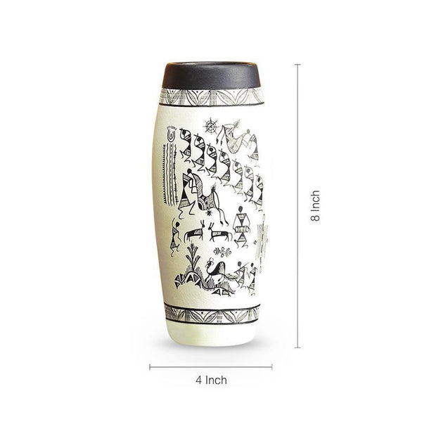 Tribal Serenity Dholak-Shaped Terracotta Vase With Warli Hand-Painting Created by Traditional Artisans