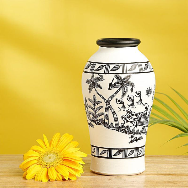 Tribal Serenity Tapered Terracotta Vase With Warli Hand-Painting