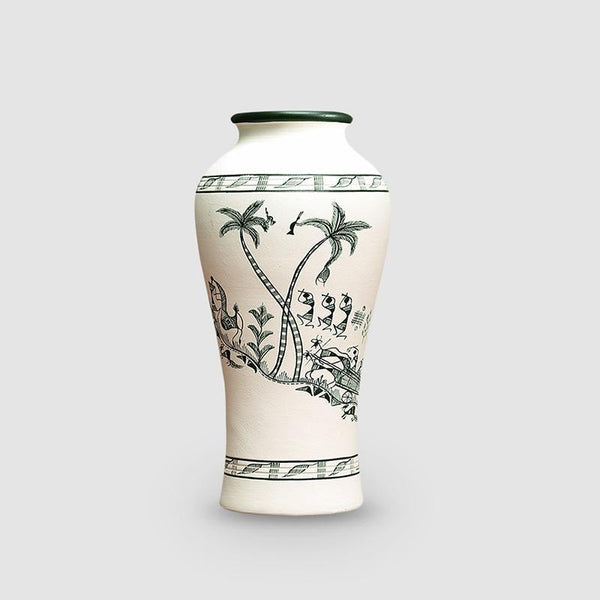 Tribal Serenity Tapered Terracotta Vase With Warli Hand-Painting