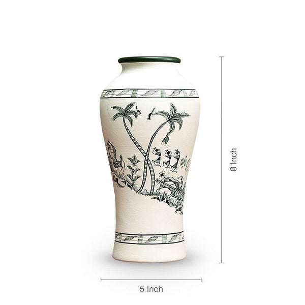 Tribal Serenity Tapered Terracotta Vase With Warli Hand-Painting