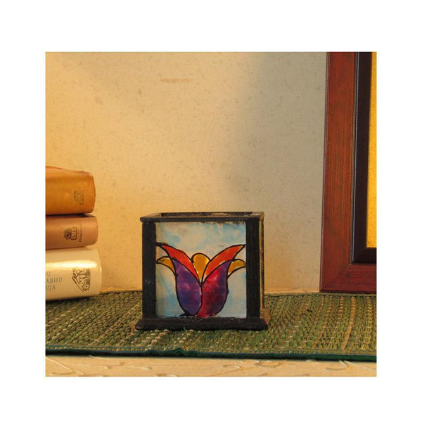 Handpainted Glass Tealight Holder (Purple Tulip)