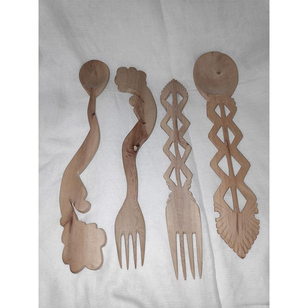 Udayagiri Handcrafted Wooden Twirly Serving Spoon and Fork (Set of 4)