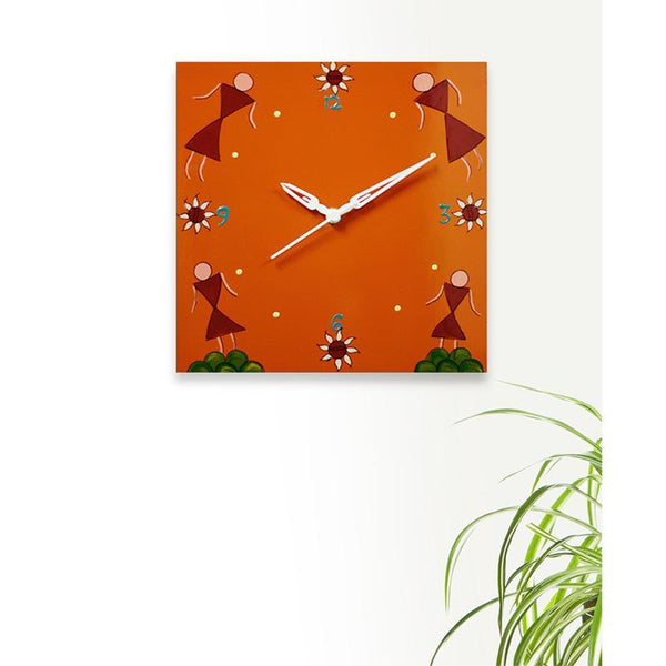 Wall Clock with Hand Painted Warli Art Created by Traditional Artisans - Orange