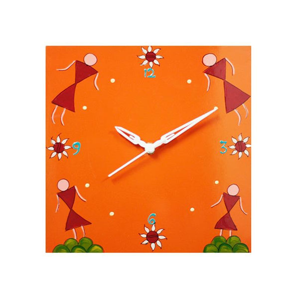 Wall Clock with Hand Painted Warli Art Created by Traditional Artisans - Orange