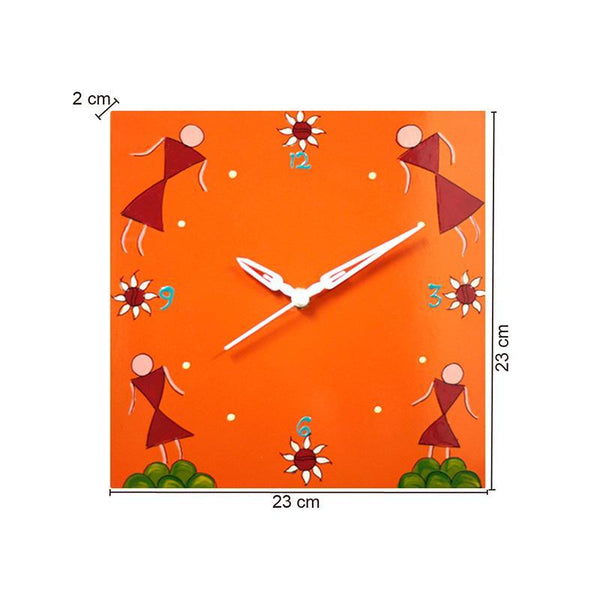 Wall Clock with Hand Painted Warli Art Created by Traditional Artisans - Orange