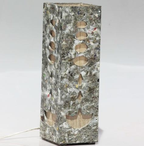 Upcyled tetrapak chipboard and woven banana fibre table lamp - Buddha Stone