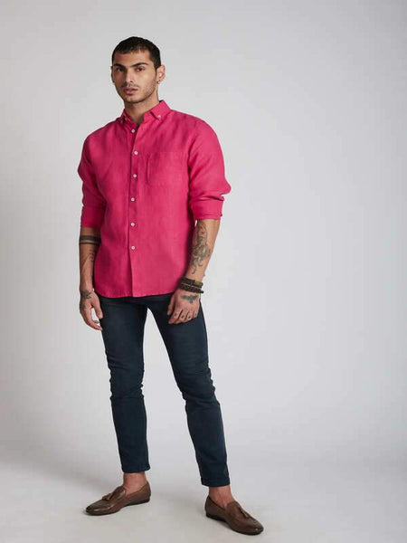 Men's Hemp Buttondown Shirt - Hot Pink