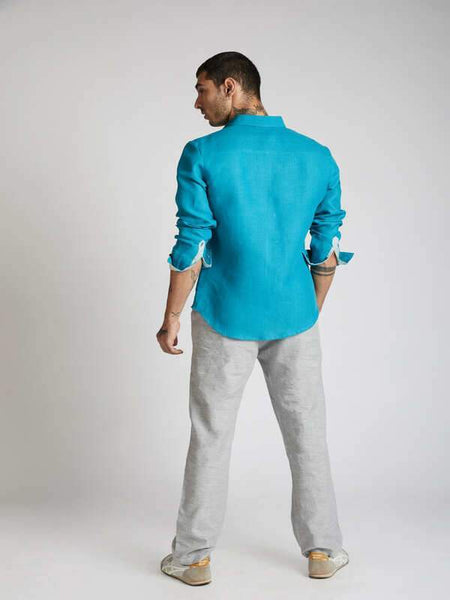 Men's Hemp Colour Block Shirt - Teal