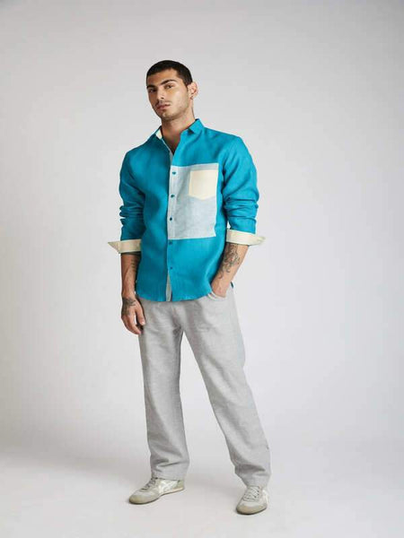 Men's Hemp Colour Block Shirt - Teal