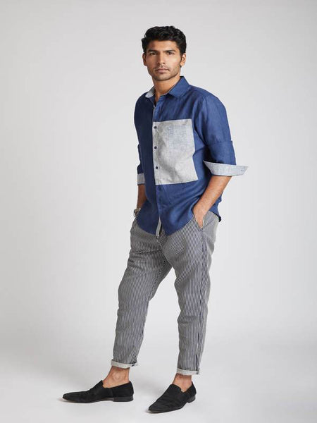 Men's Hemp Colour Block Shirt - Navy