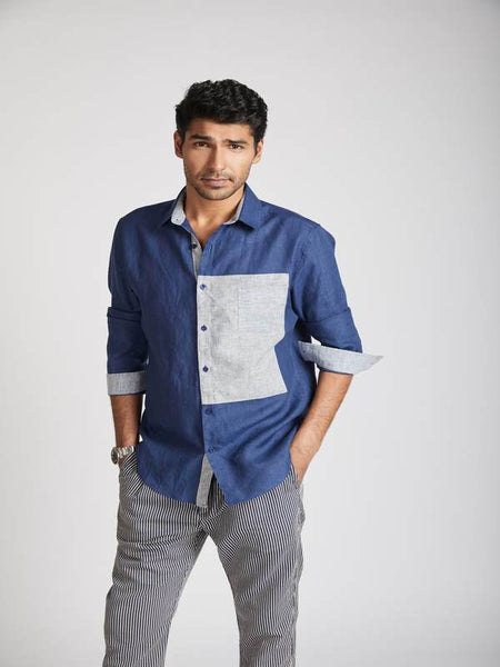 Men's Hemp Colour Block Shirt - Navy
