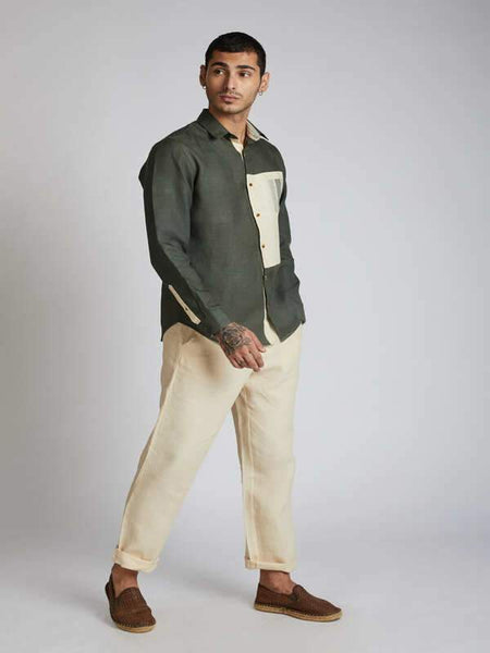 Men's Hemp Colour Block Shirt - Bottle Green
