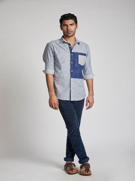 Men's Hemp Colour Block Shirt - Blue Melange