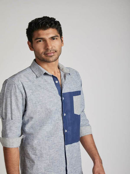 Men's Hemp Colour Block Shirt - Blue Melange