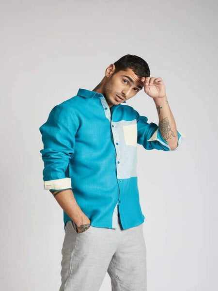 Men's Hemp Colour Block Shirt - Teal