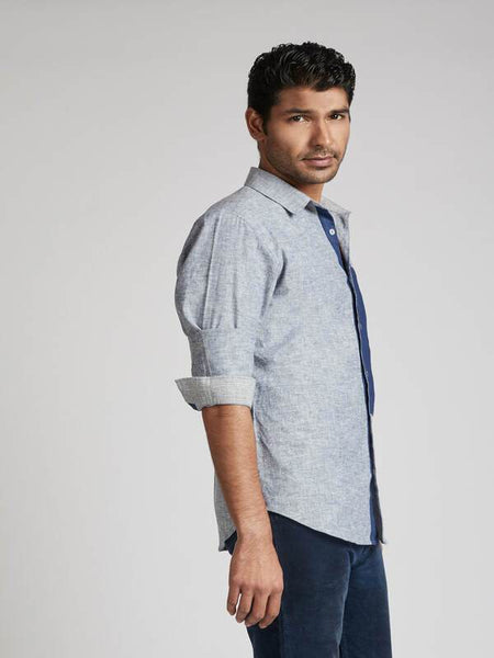 Men's Hemp Colour Block Shirt - Blue Melange