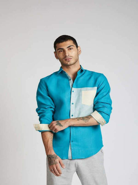Men's Hemp Colour Block Shirt - Teal