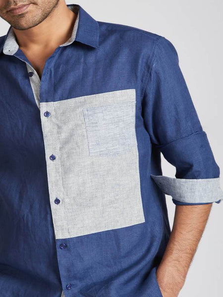 Men's Hemp Colour Block Shirt - Navy