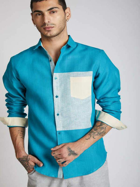 Men's Hemp Colour Block Shirt - Teal
