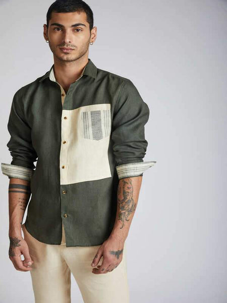 Men's Hemp Colour Block Shirt - Bottle Green