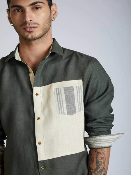 Men's Hemp Colour Block Shirt - Bottle Green
