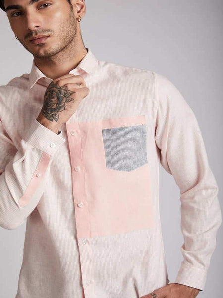 Men's Hemp Colour Block Shirt - Peach Stripes