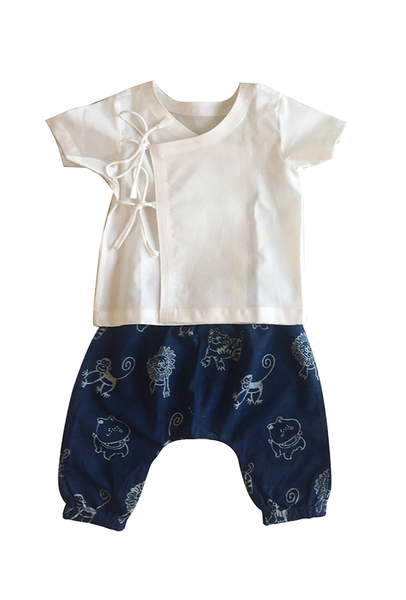 Baby Essential White Angarakha Top with Zoo Print Indigo Pyjamas - Natural Dyed Organic Cotton